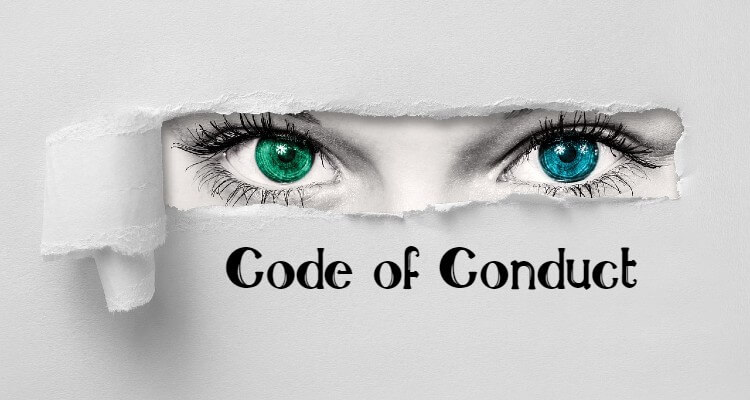 Image of ripped paper with eyes and Code of Conduct written on it