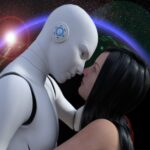 Image of a robot and a girl trying to kiss each other