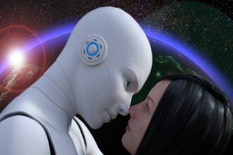 Image of a robot and a girl trying to kiss each other