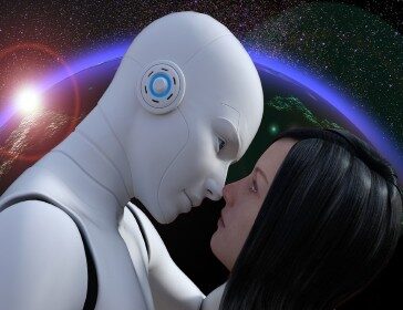 Image of a robot and a girl trying to kiss each other