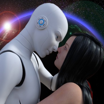 Image of a robot and a girl trying to kiss each other