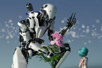 Image of a robot offering flowers to a girl