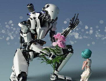Image of a robot offering flowers to a girl