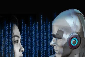 Image of a robot and girl in binary code background