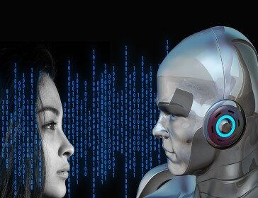 Image of a robot and girl in binary code background