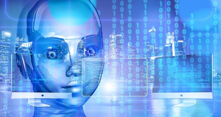 Image of artificially intelligence robot and binary code
