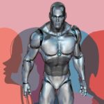 Image of robot walking with men and women shadows in the background