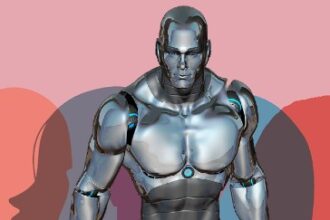 Image of robot walking with men and women shadows in the background