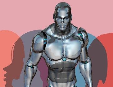 Image of robot walking with men and women shadows in the background