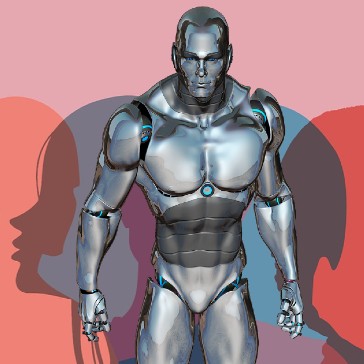 Image of robot walking with men and women shadows in the background
