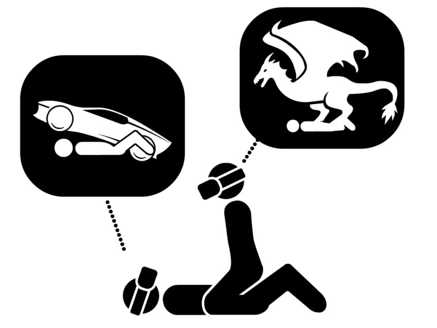 An illustration of two stick peple having sex while wearing VR headsets, with imagaintion bubbles over them showing what they are seeing.