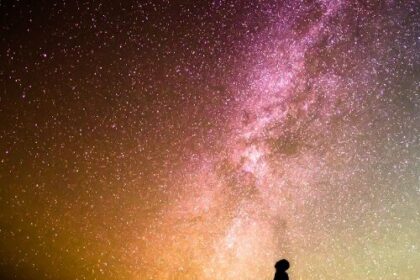 A silhouette of a person looking at the night sky.