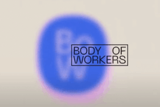 A blue circle in the center of a cream background with a faint "BoW" written in the middle. There's an overlay of the Body of Workers logo in black text.