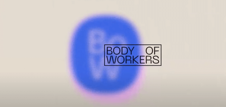 A blue circle in the center of a cream background with a faint "BoW" written in the middle. There's an overlay of the Body of Workers logo in black text.