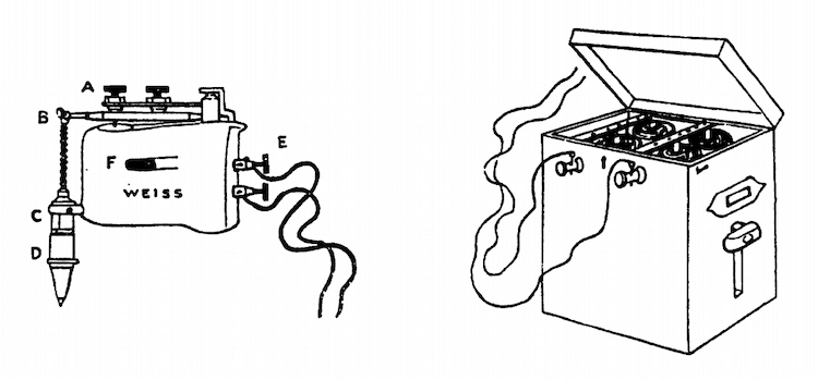 Illustration from Joseph Mortimer Granville: Nerve-vibration and excitation as agents in the treatment of functional disorder and organic disease. Diagrams of both the machines and motors with wiring and external attachments. 