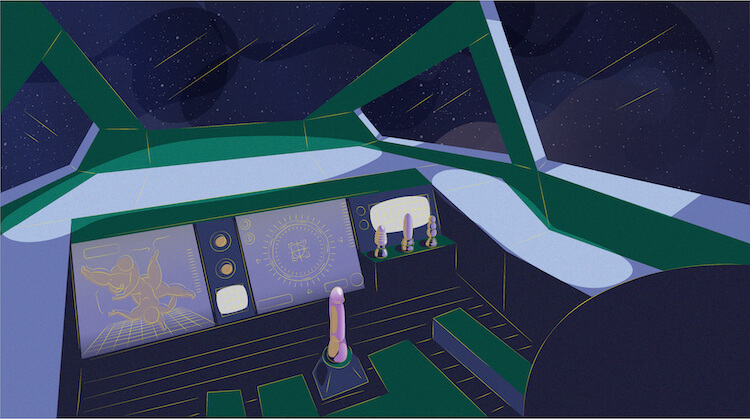 An illustration of a space deck where the pilot would sit. The shift is instead shaped like a penis.