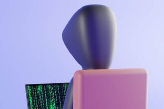 Clay-type model of a hacker in a hoodie at a desk. On the screen you see the stereotypical green code.