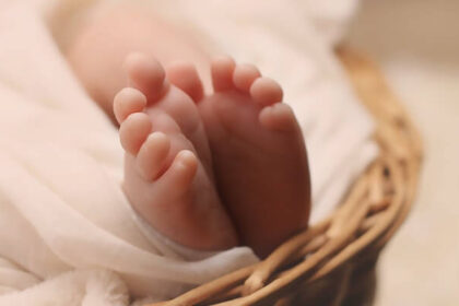 Newborn baby feet poking out of a wicker basket.