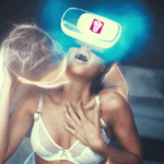 Woman wearing a VR headset showing the Ohmydoll logo. There's a ghostly man figure surrounding her and she's reaching out toward him.