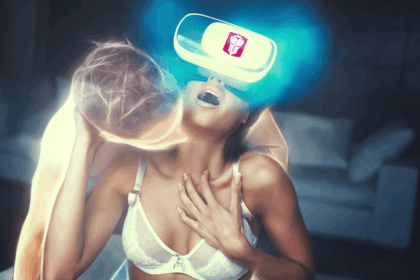 Woman wearing a VR headset showing the Ohmydoll logo. There's a ghostly man figure surrounding her and she's reaching out toward him.