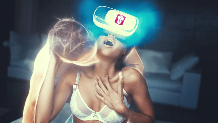 Woman wearing a VR headset showing the Ohmydoll logo. There's a ghostly man figure surrounding her and she's reaching out toward him.