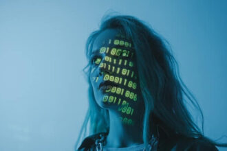 Woman in blue lighting with yellow binary code projected across her face.